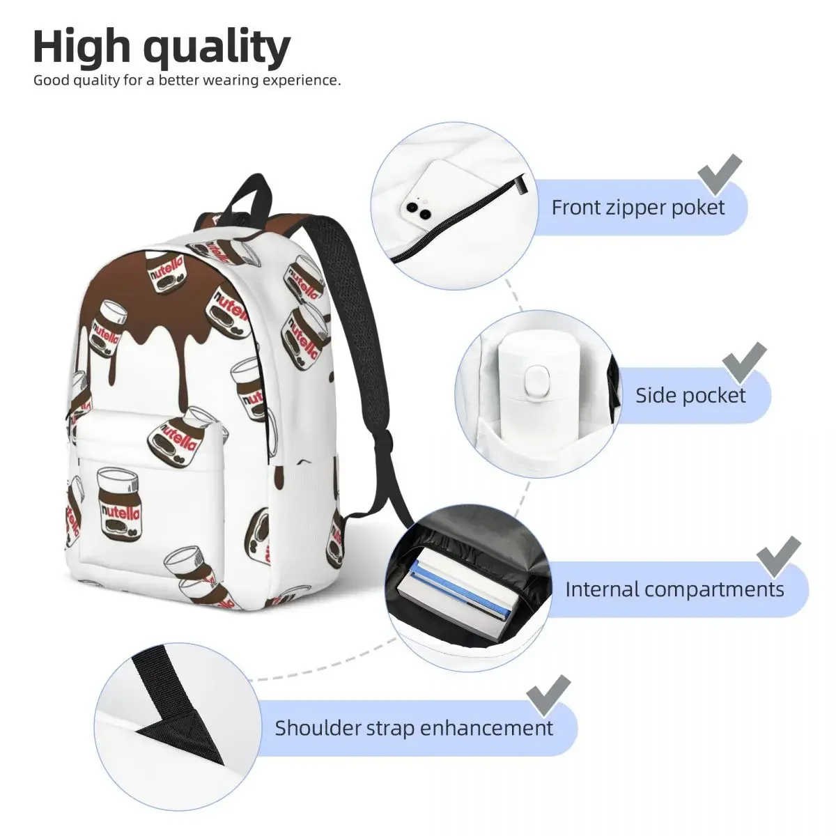 Mochila moderna de dibujos animados de Nutella para hombres y mujeres, morral de viaje duradero para estudiantes, bolsas de lona para computadora portátil