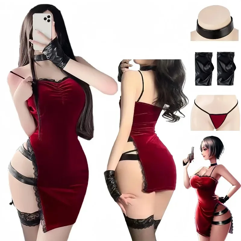

Movie Secret Service Spy Ada Wong Cosplay Dress Robes Uniform Sexy Red Dress Lace Cheongsam Lingerie Outfits Halloween Costume