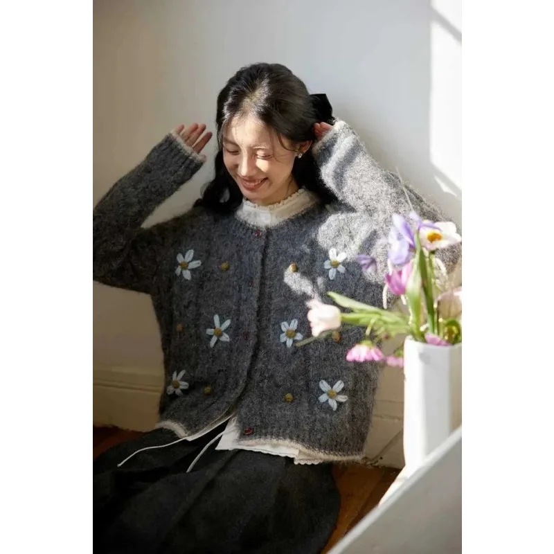 

Осень-зима, элегантный кардиган с цветочным принтом, женские милые вязаные свитера с длинными рукавами, винтажные повседневные женские топы в стиле ретро с круглым вырезом