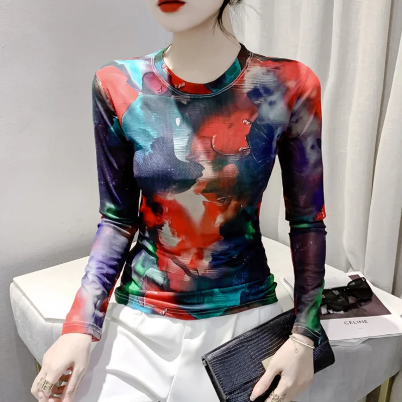 

#8471 Tie Dye Mesh T Shirt Women O-Neck Sexy Tight Short Vintage Office T-shirt Female Long Sleeve Streetwear Hip Hop Tshirt