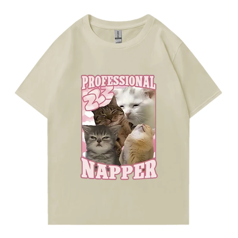 Professional Napper Funny Cat Meme Kawaii T-shir Men Women Casua Oversized Tshirt Vintage Fashion100% Cotton T Shirts Streetwear