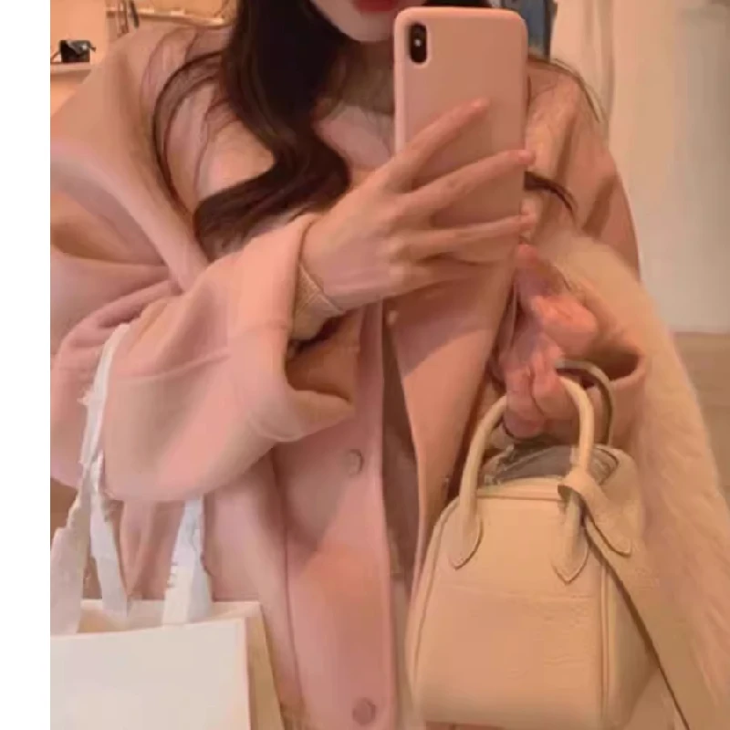 

ort Woolen Coat Women's Autumn Winter New Sle Spring Faion Outerwear Ele Korean Version Polyester Fiber Long Sve