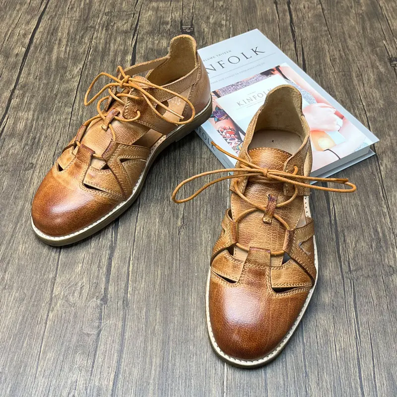 

Handmade Retro Men Gladiator Sandals Genuine Leather Summer Outdoor Lace Up Casual Beach Shoes Sandalias Women Shoes