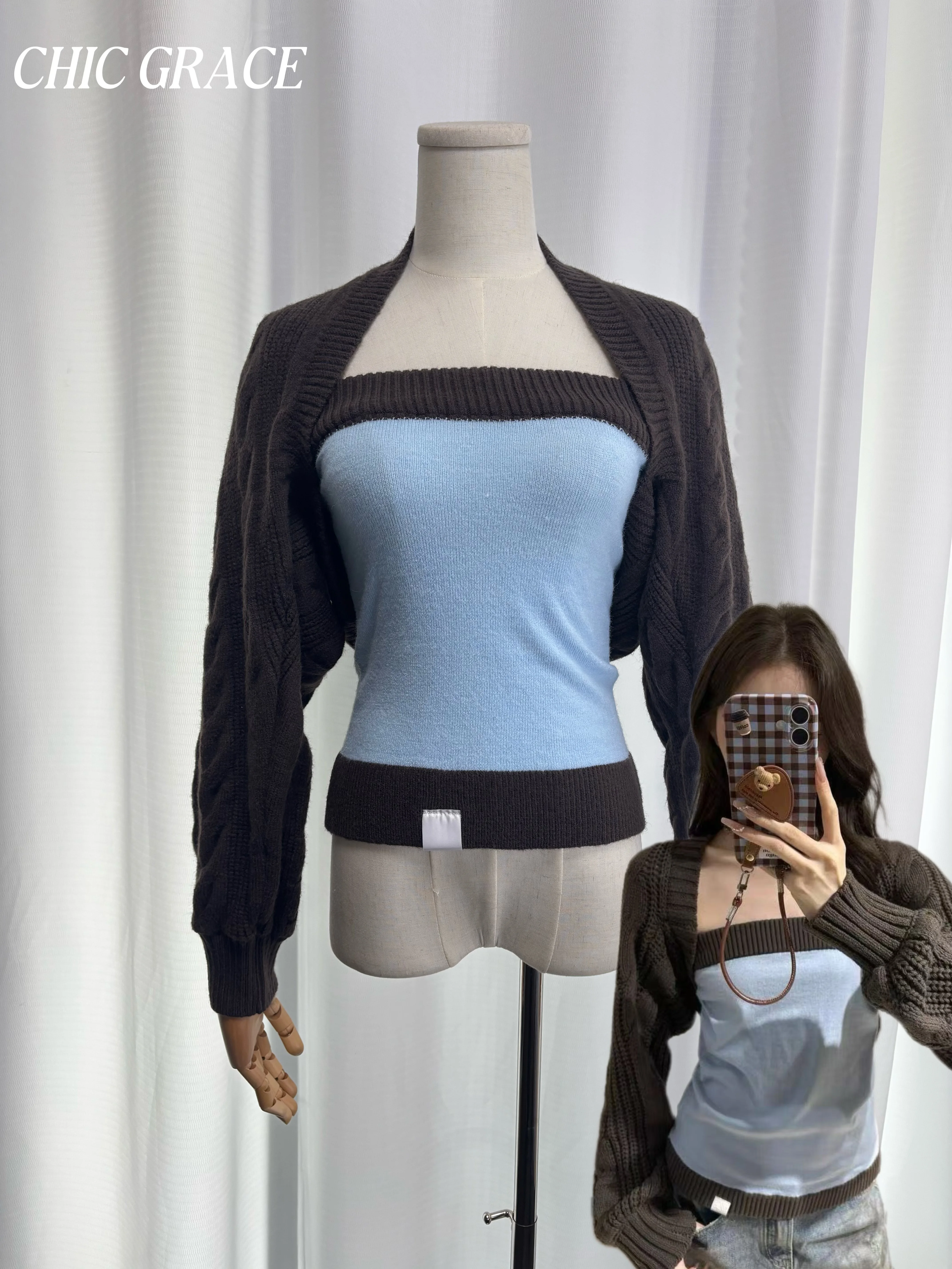 Real shot-Conjunto de dos piezas de punto en bloque para mujer, Top informal y versátil, corte ajustado, Color Patchwork de nicho coreano, otoño 2025, (tarjeta