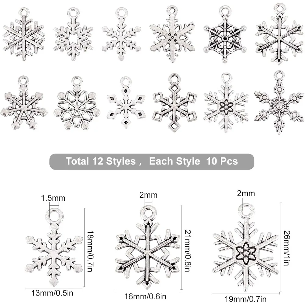 1 Box 120pcs 12 Styles Silver Snowflake Charm Christmas Winter Metal Pendants Bulk Antique Snowflake Charm Vintage Christmas