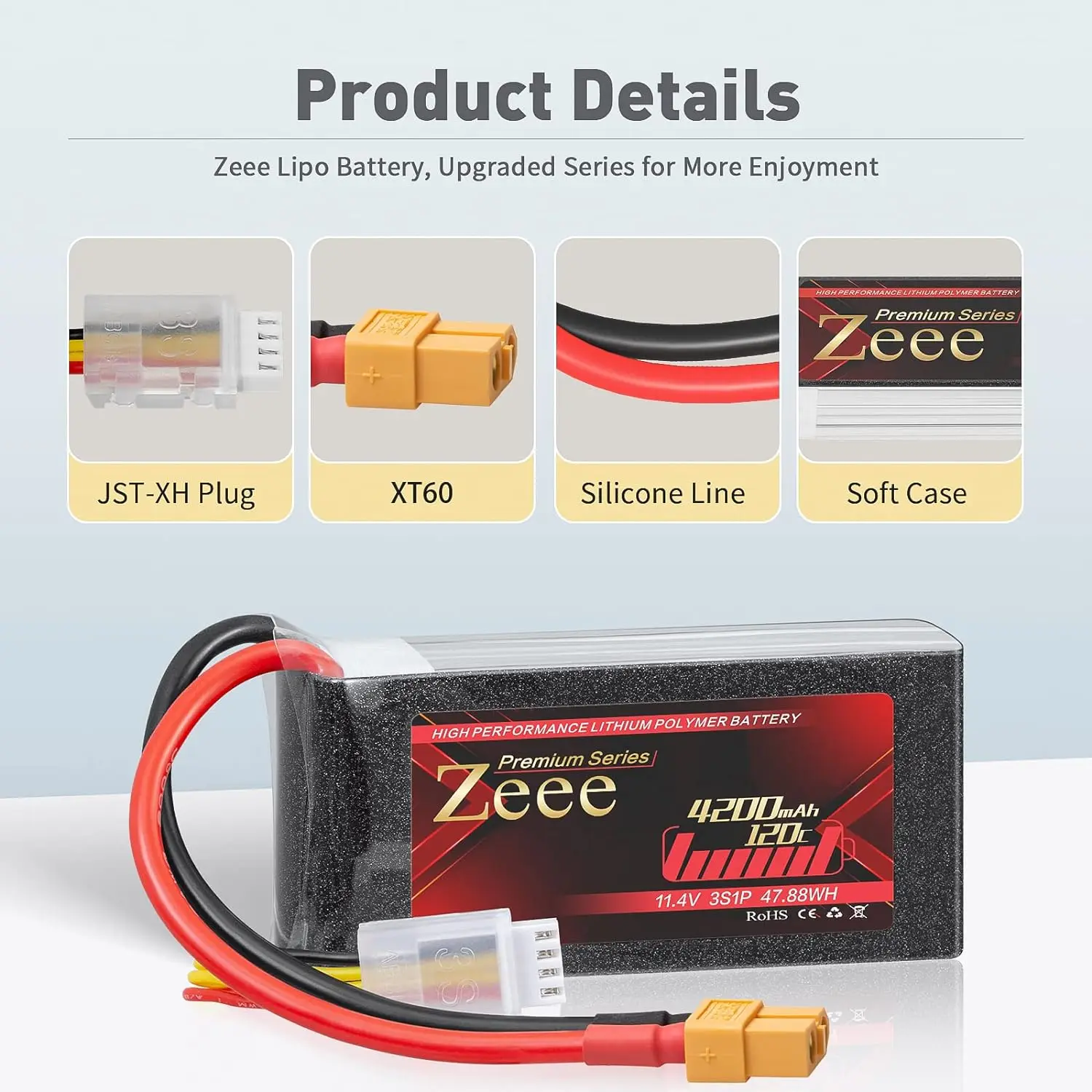 Zee 3S 11.4V HV Shorty LiPo แบตเตอรี่4200mAh 120C พร้อมปลั๊ก XT60 softcase สำหรับ mobil RC fdrone รุ่นพรีเมี่ยม PV 2ชิ้น