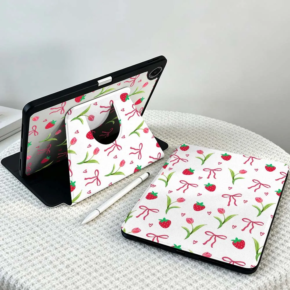 Strawberry Heart Bow Pattern For Samsung Galaxy Tab S11 S10 S9 S8 A11 FE Plus Ultra 360° Rotation Stylus Storage Tablet Case