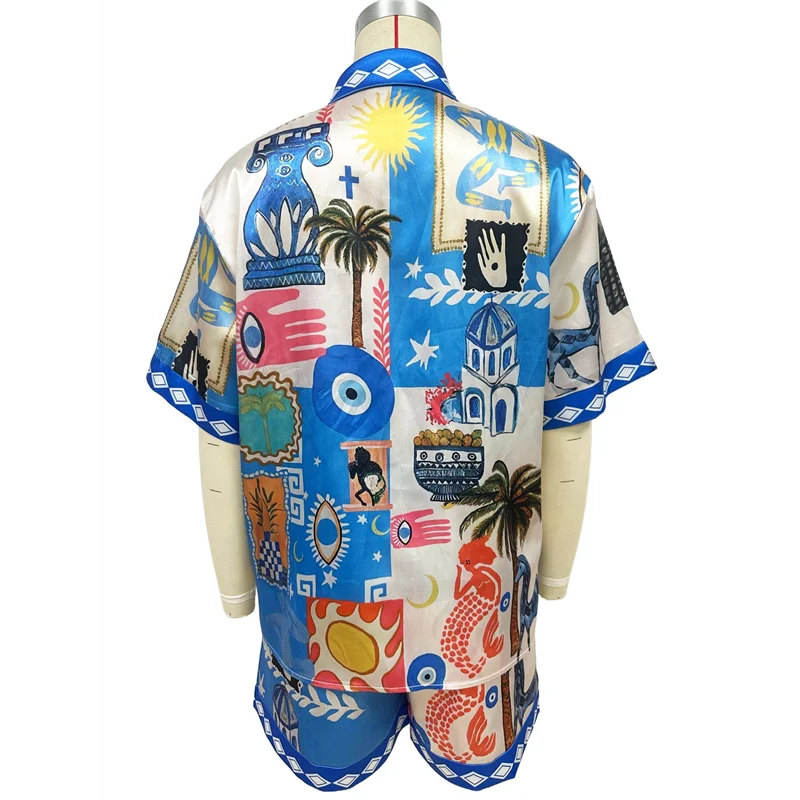 

NEW-Women's 2 Piece Outfits Casual Floral Button Down Shirt Tops And Drawstring Shorts Summer Suit Sets