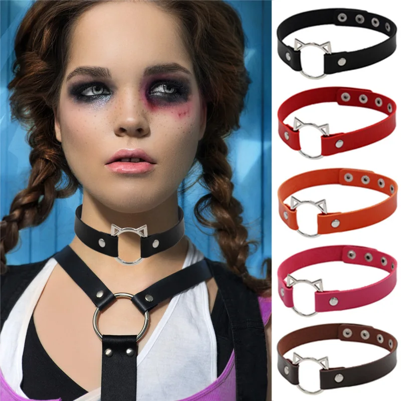 

40CM Sexy Trendy Vintage Kitten's Head Gothic Collar Necklaces Jewelry PU Leather Black Necklace Women Rock Gothic Neck Jewelry