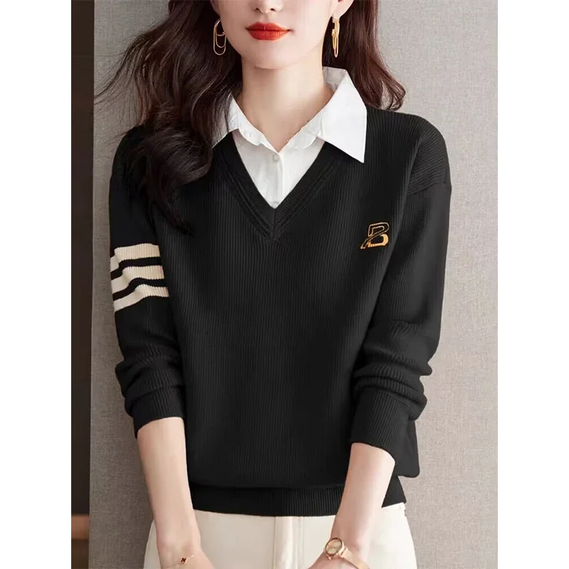 Female Top Casual Solid Chic Loose Sweaters Women Clothing Knitted Spliced Daily Fashion Knitwear Spring Autumn New Jumpers