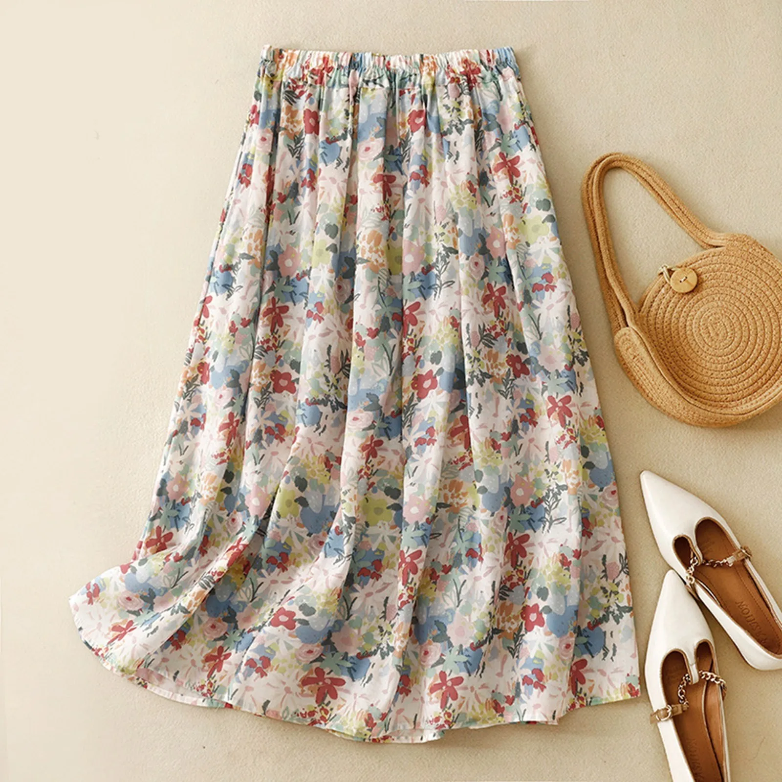 

Summer Vintage Painting Printed Women Skirts 2024 New High Waist Slim Pleated Midi Skirts A-Line Umbrella Skirts Jupe Femme