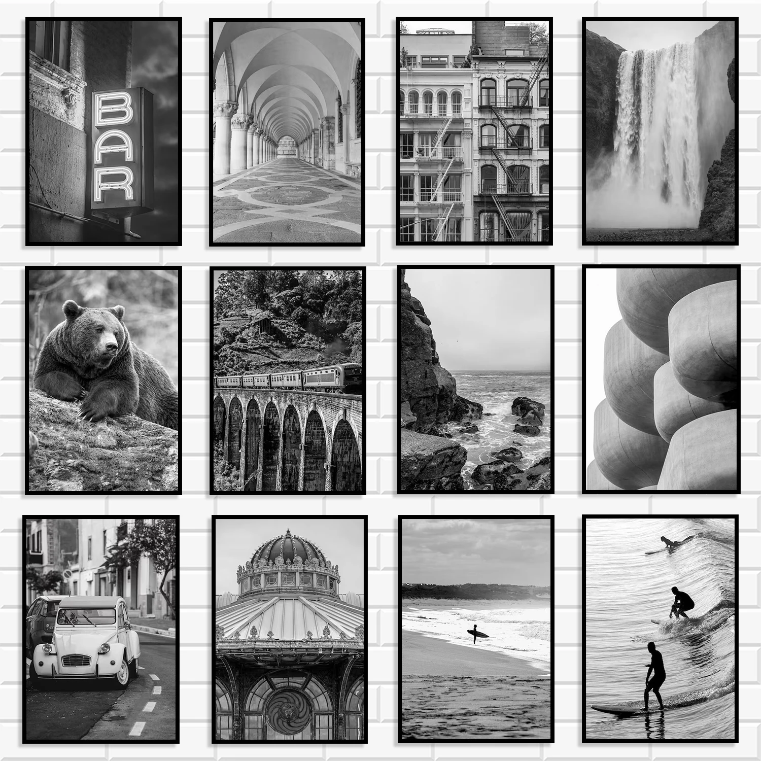 Black and White Vintage Landscape Canvas Wall Urban Architecture Ocean Surf Bear Retro Train Waterfall Photo Print Home Decor