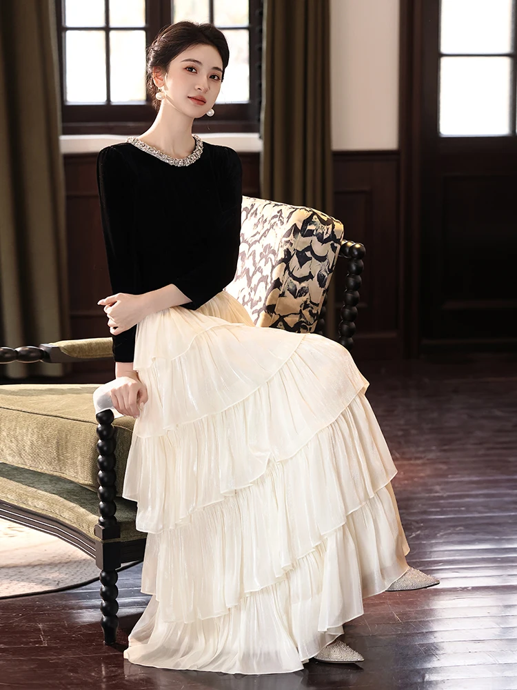 

Вечернее платье Ele Velvet с длинными рукавами для выпускников школы, для церемоний, выступлений на фортепиано, черно-белое, нарядное