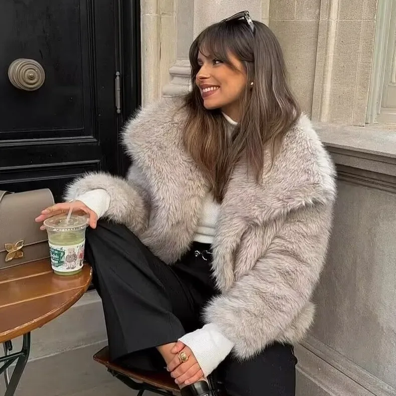 Women's Clothing 2025 Autumn Winter New Socialite Style Fashion Loose Faux Fur Collar Coat