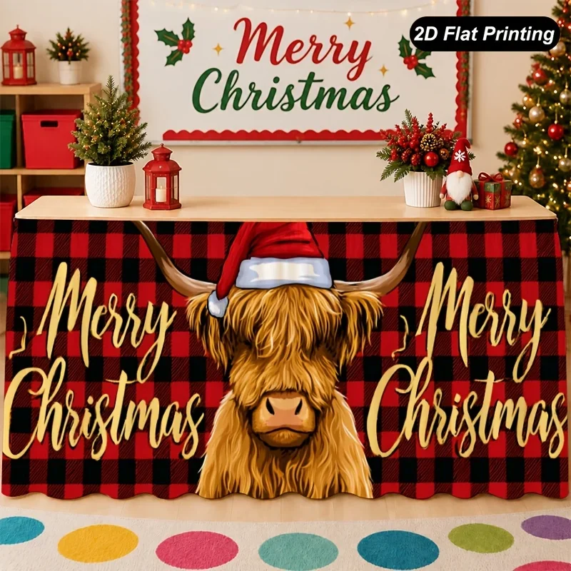 One piece 2D flat Christmas table flag with highland cow red check pattern on the surface for the tablecloth