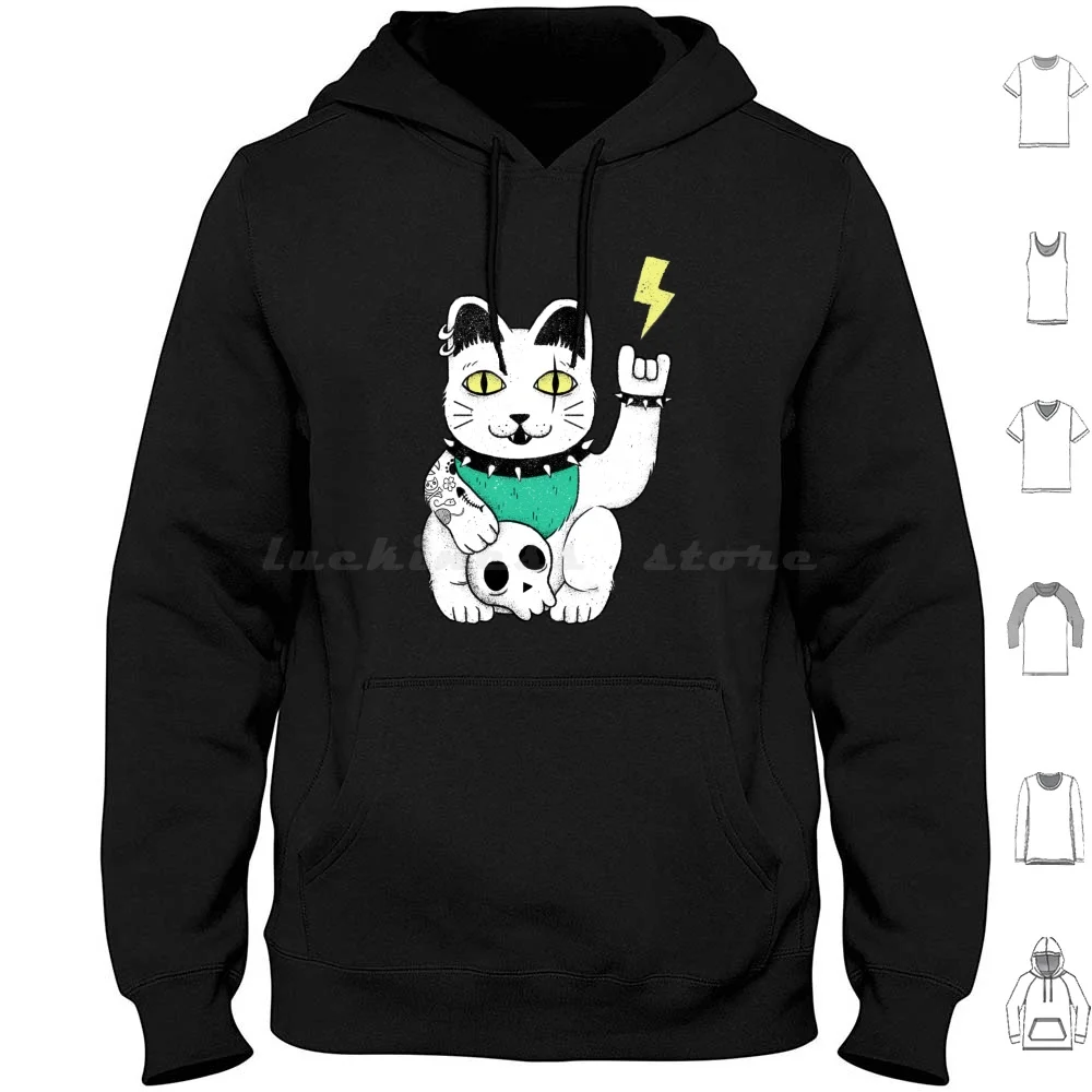 Maneki Metal Hoodies Long Sleeve Maneki Neko Cat Lucky Heavy Metal Funny Fun Lucky Cat Maneki Neko Metalhead Kittie