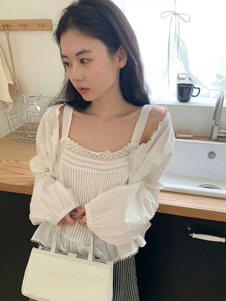 

Sweet Sle Long Sve Women's irt East Gate Small Dot Lace Trim Top Outerwear V-ne Button Closure Loose Fit Summer 2025