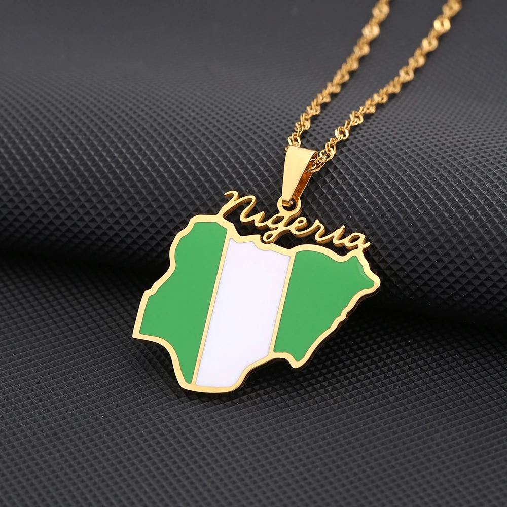 Enamel Drop Oil Africa Nigeria Map Flag Pendant Necklace For Women Girls Stainless Steel Nigerianos Jewelry Ethnic Party Gifts