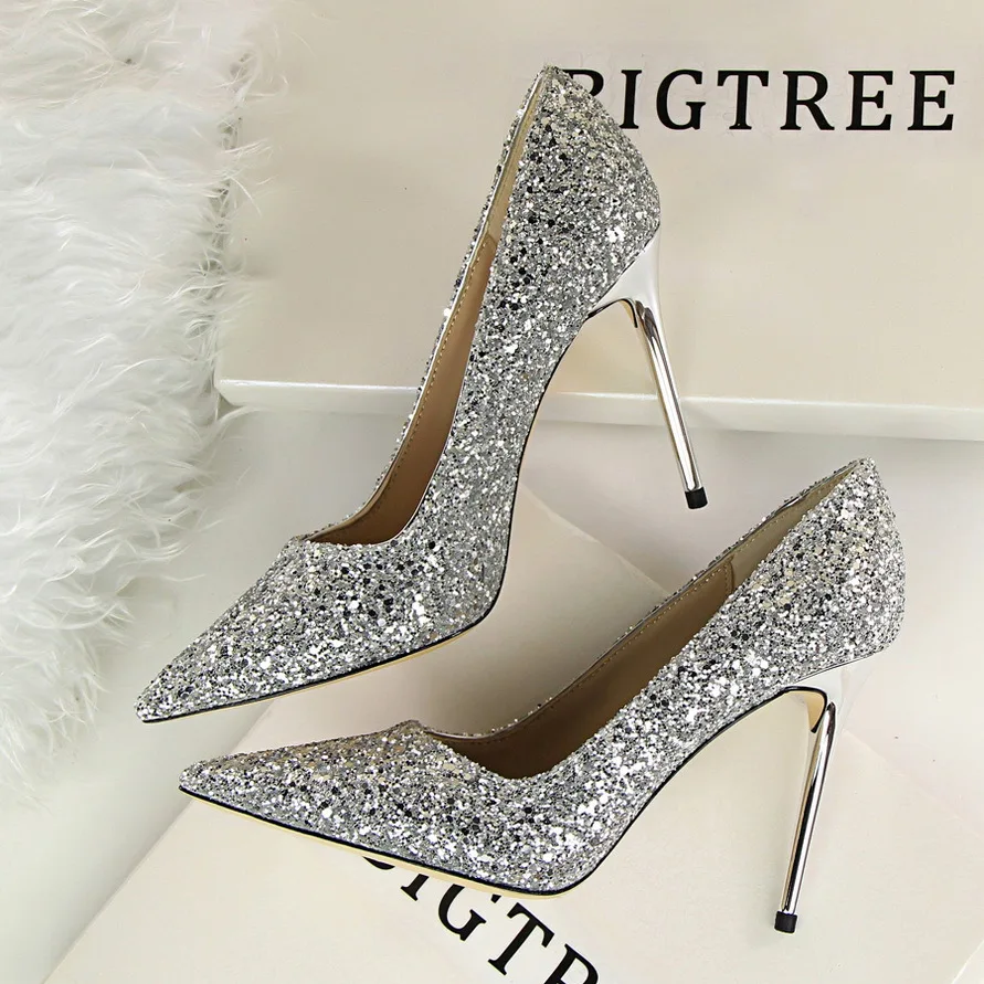 

Women's high-heeled shoes with shallow mouth and pointed glitter, sexy and slimming, high heels, single shoes