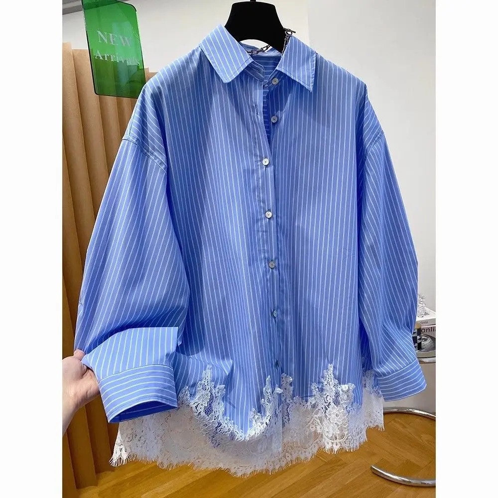 قميص مخطط أزرق بأكمام طويلة مُزين بالدانتيل بلوزات نسائية أنيقة قمصان وبلوزات صيفية
