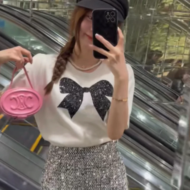 Women T-shirts Comfortable Simple Cozy Summer Fitness Bow Short Sleeve Casual All-match Sweet French Style Sequined Clothing Ins