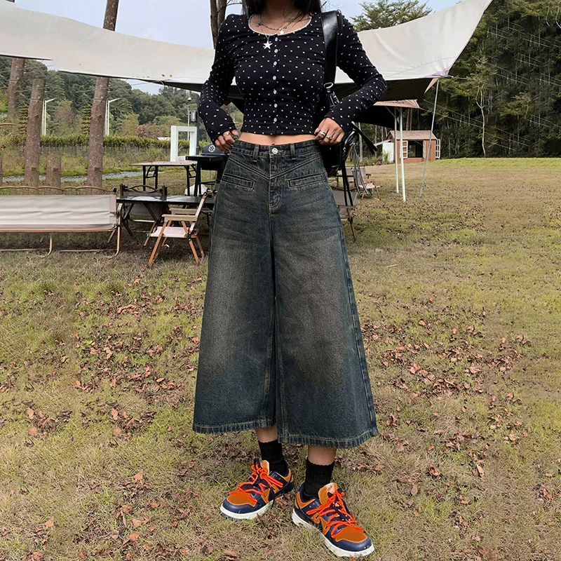 ZMAYC Y2K Womens Vintage Streetwear Breeches Harajuku Denim Wide Leg Trouser Short Pants Jorts Bermudas Jeans Shorts Alt Clothe