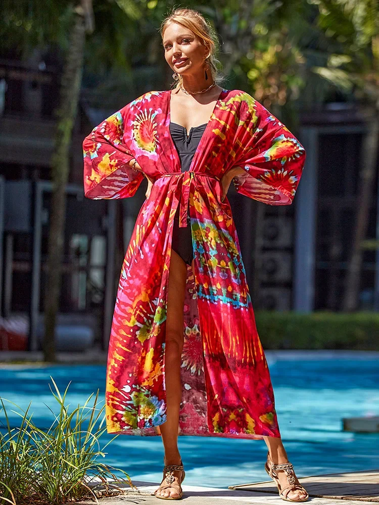 

2023 Boho Printed Bikini Cover-ups Kimono Tunic Beach Pareo Dress Sexy Women Clothing Cardigan Summer Beachwear Long Dresses