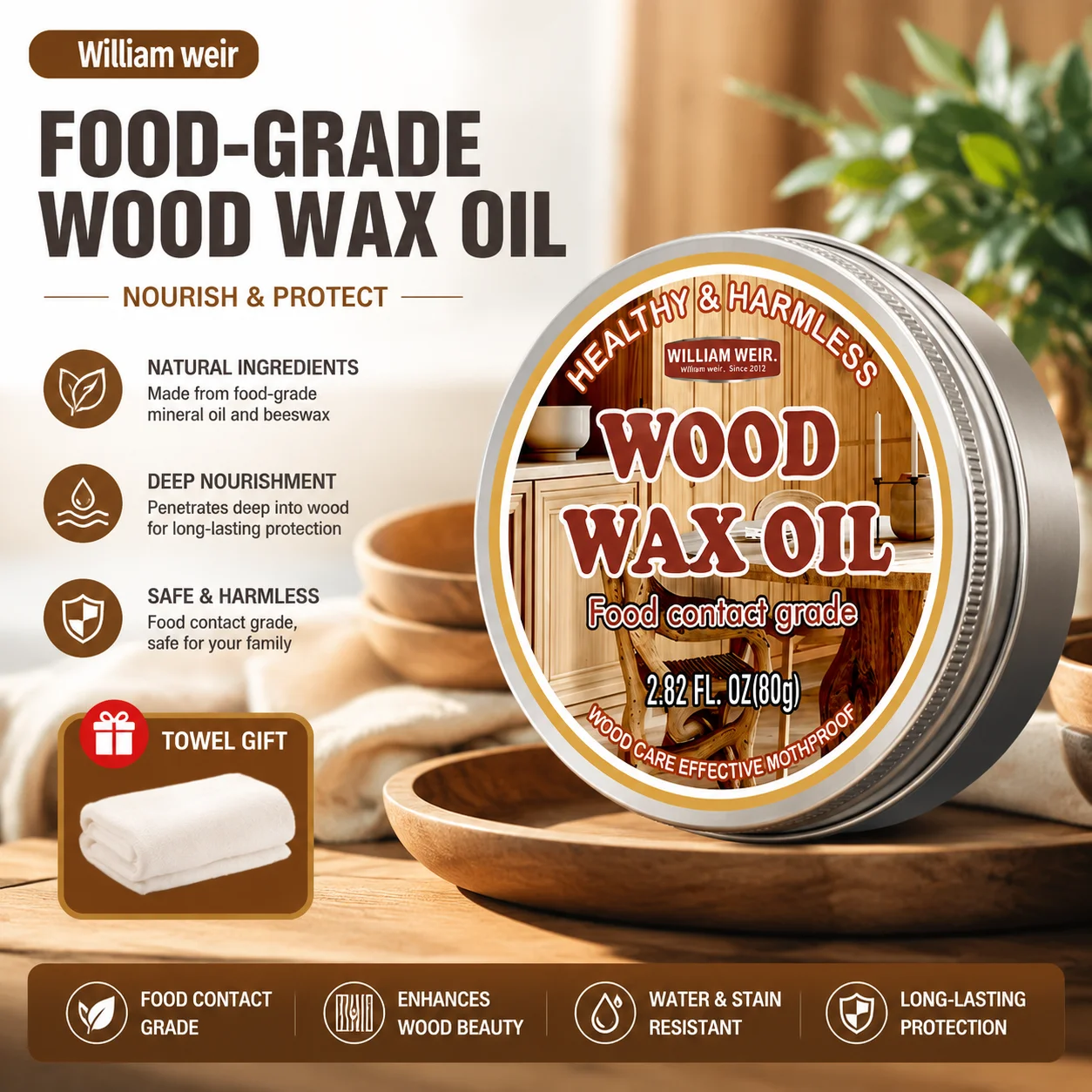 Wood wax oil food grade solid wood transparent color beeswax furniture maintenance, polishing, mold proof and anti-corrosion