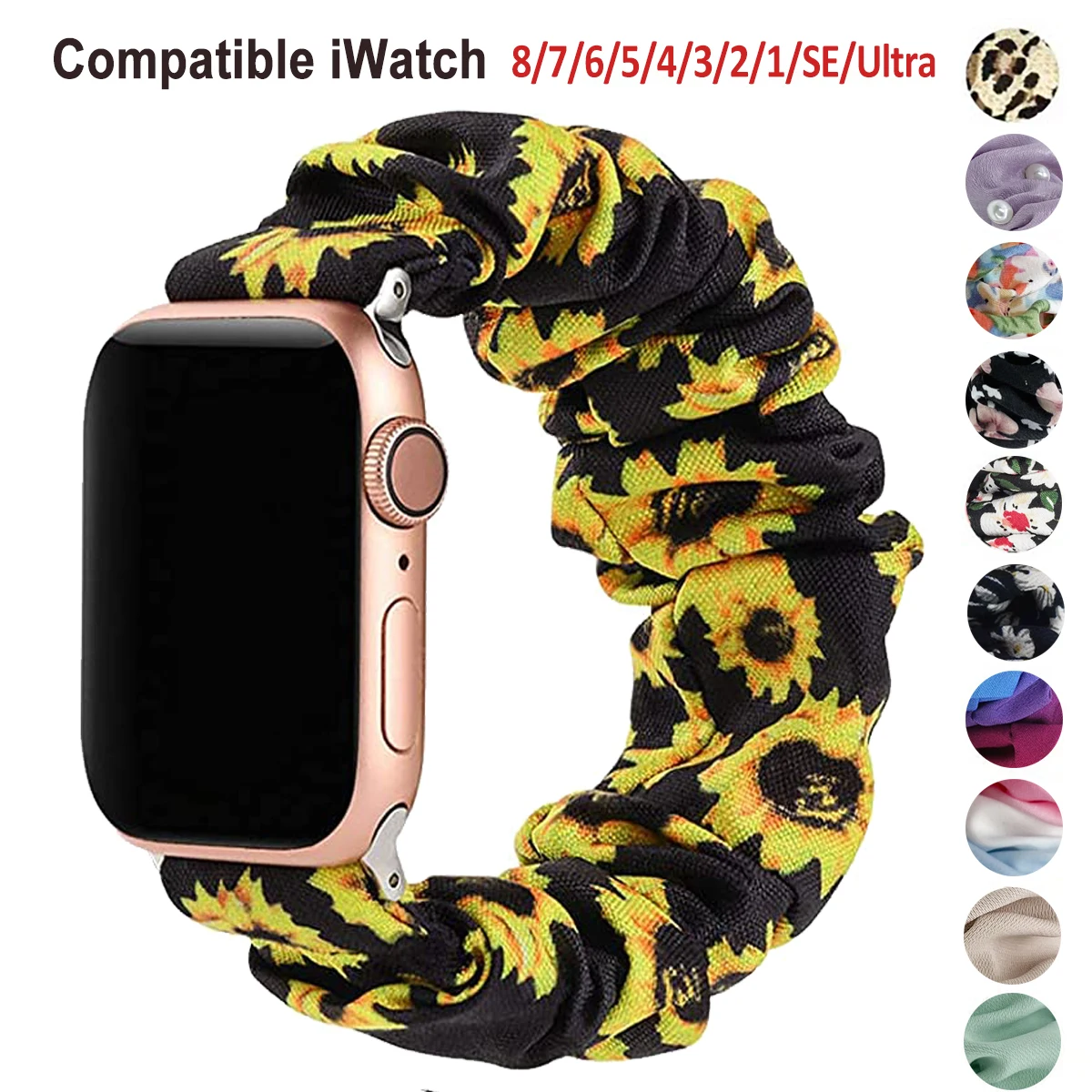 Elastic Fabric Scrunchie Band  with Apple Watch 45mm 44mm 42mm, Soft Women Strap Replacement for iWatch Series 7 6 5 4 3 2 1SE