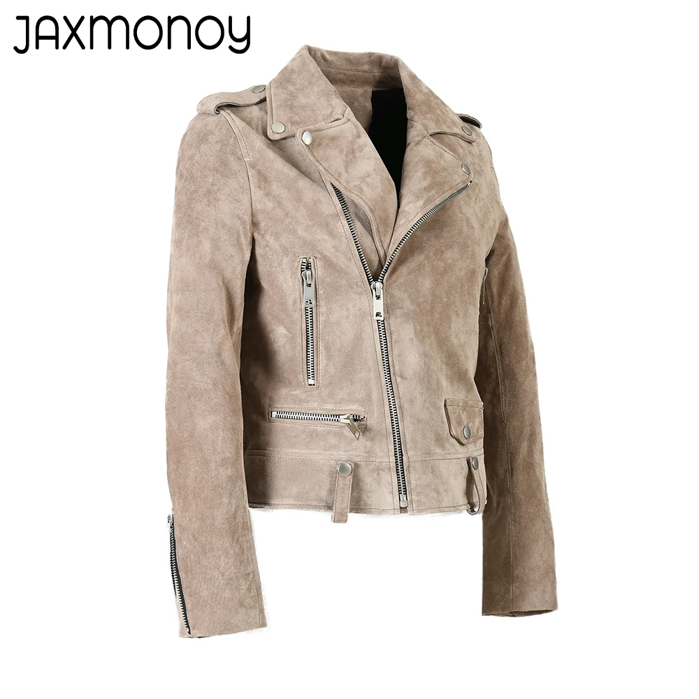 Jaxmonoy-Veste de motard en daim véritable pour femme, manteau en cuir véritable, fermeture éclair, mode printemps, nouveau style, automne, 2023