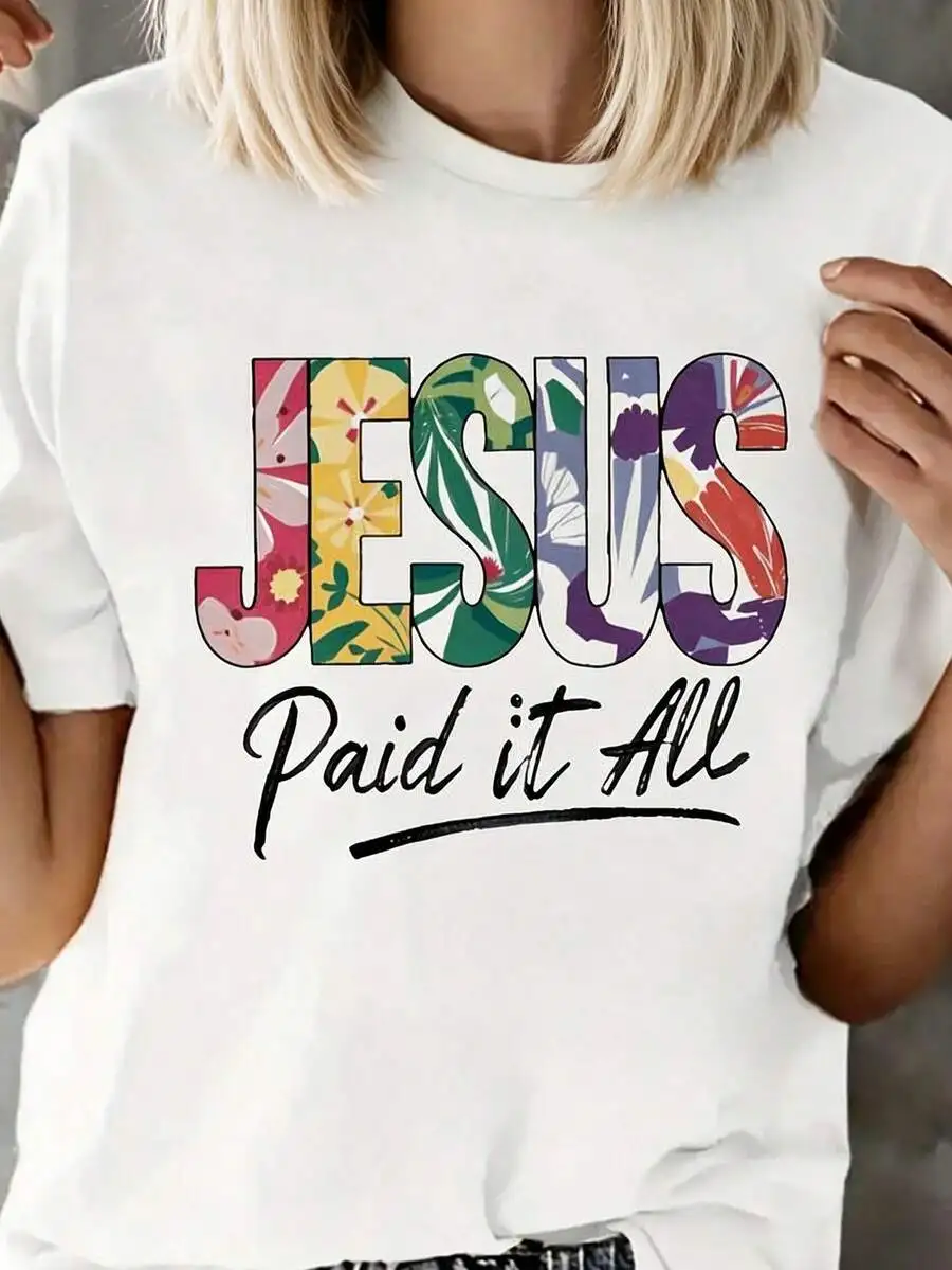 Women's Summer T-Shirt, Bold Lettering & Floral Cross Graphic Print, Crew Neck Short Sleeve Religious Top, Church Outfit, Washed Fabric