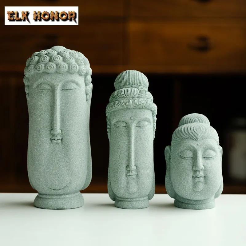 Green Sandstone Buddha Head Desktop Ornament Creative Bodhisatva Tea Pet Vintage Tea Figurine Tea Statue Cha Decoration Gifts