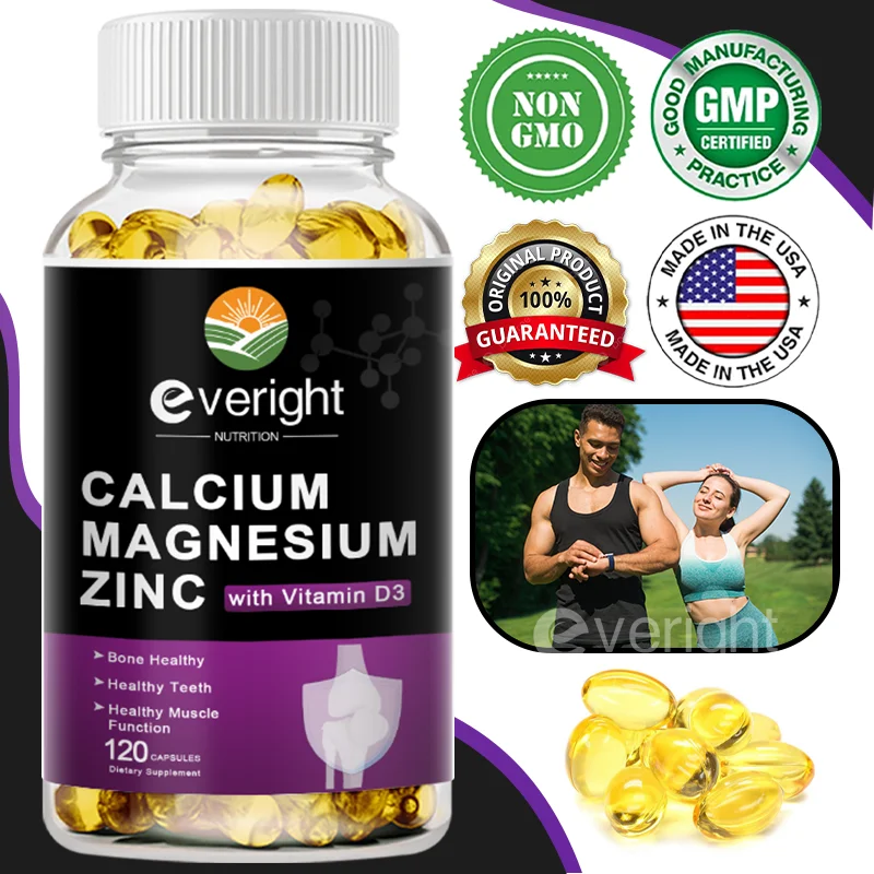 Natural Calcium Magnesium Zinc Supplement with Vitamin D3 - Gluten Free, Vegan, Non-GMO -  Essential Mineral Complex