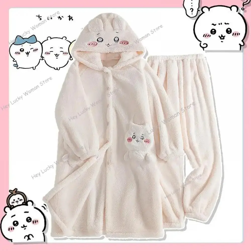 Kawaii Chiikawas pyjamas corail velours maison porter longue longueur chemise de nuit épais Cardigan pantalon dessin animé mignon fille décontracté maison vêtements