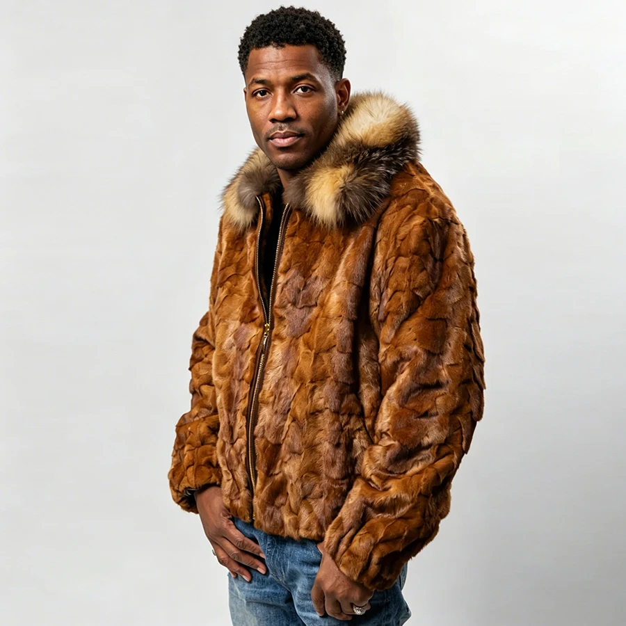 Cropped Mink Fur Coat With Fox Fur Collar Short Real Fox Fur Zippered Jacket Furry Jacket Best Selling Genuine Fur Coat Men