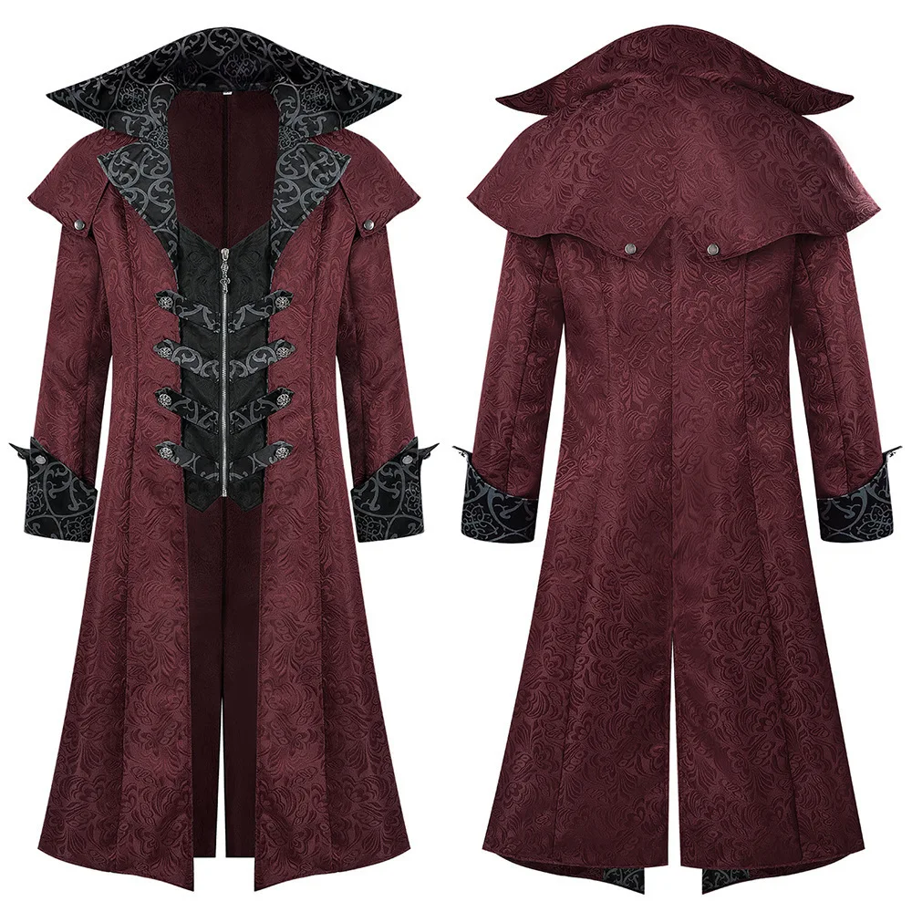 Men's Gothic Steampunk Long Coat Vintage Vampire Victorian Medieval Cosplay Costume High Collar Trench Coat Halloween Party Dres