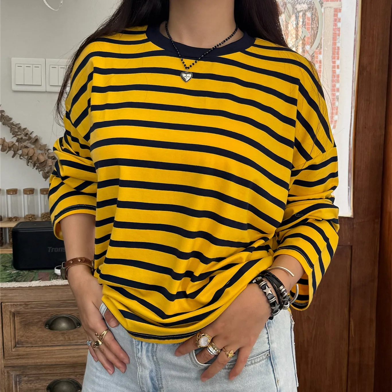 تي شيرت نسائي فضفاض أساسي بأكمام طويلة ورقبة مستديرة وخطوط مطبوعة تي شيرت بلوزات ربيع الخريف Y2K ملابس خروج عتيقة #6