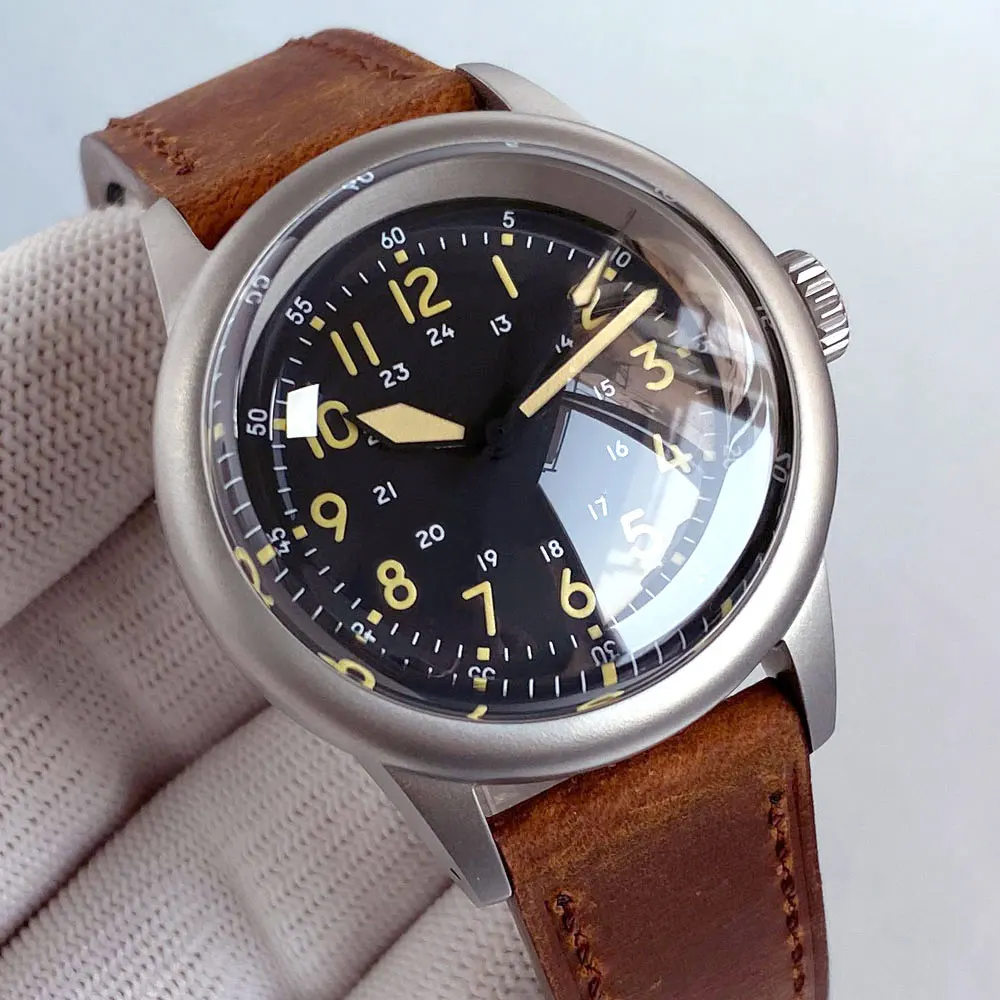 Tandorio preto 36mm estilo piloto NH35 PT5000 vidro de safira com cúpula dupla Senhora Homens Relógio Automático Luminoso 20ATM couro