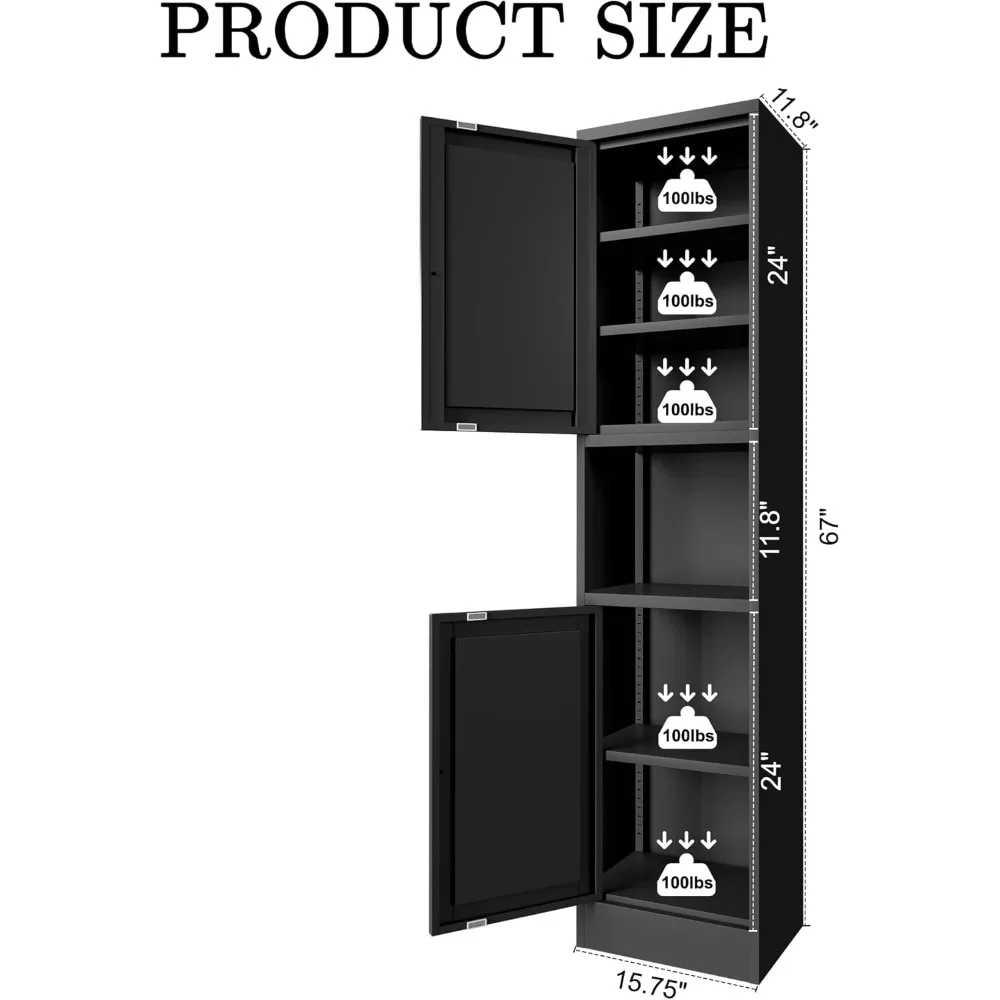 Metal Bathroom Storage Cabinet,6-Tier Narrow Cabinet with Double Doors and Adjustable Shelves,Linen Cabinet for Small Spaces