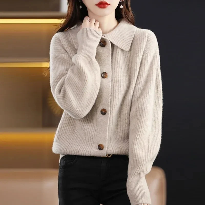

2026 Autumn Winter New Lapel Knitted Cardigan Jacket For women Fashion Loose Short Single-breasted Sweater Coat lady Casual Top