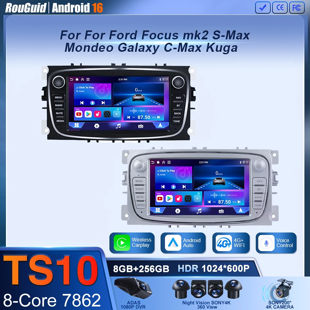 Radio para Auto Android 16 para Ford Focus mk2 S-Max Mondeo Galaxy C-Max Kuga, Carplay Inalámbrico, Multimedia, Estéreo para Auto, Navegación BT