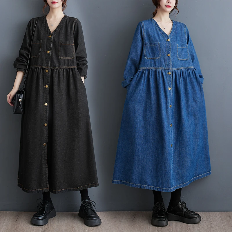 Fall Winter Denim V-Ne Dr High Waist Loose Long Sve A-Line Long Dr Slimming Pleated Commute Sle Retro Skirt