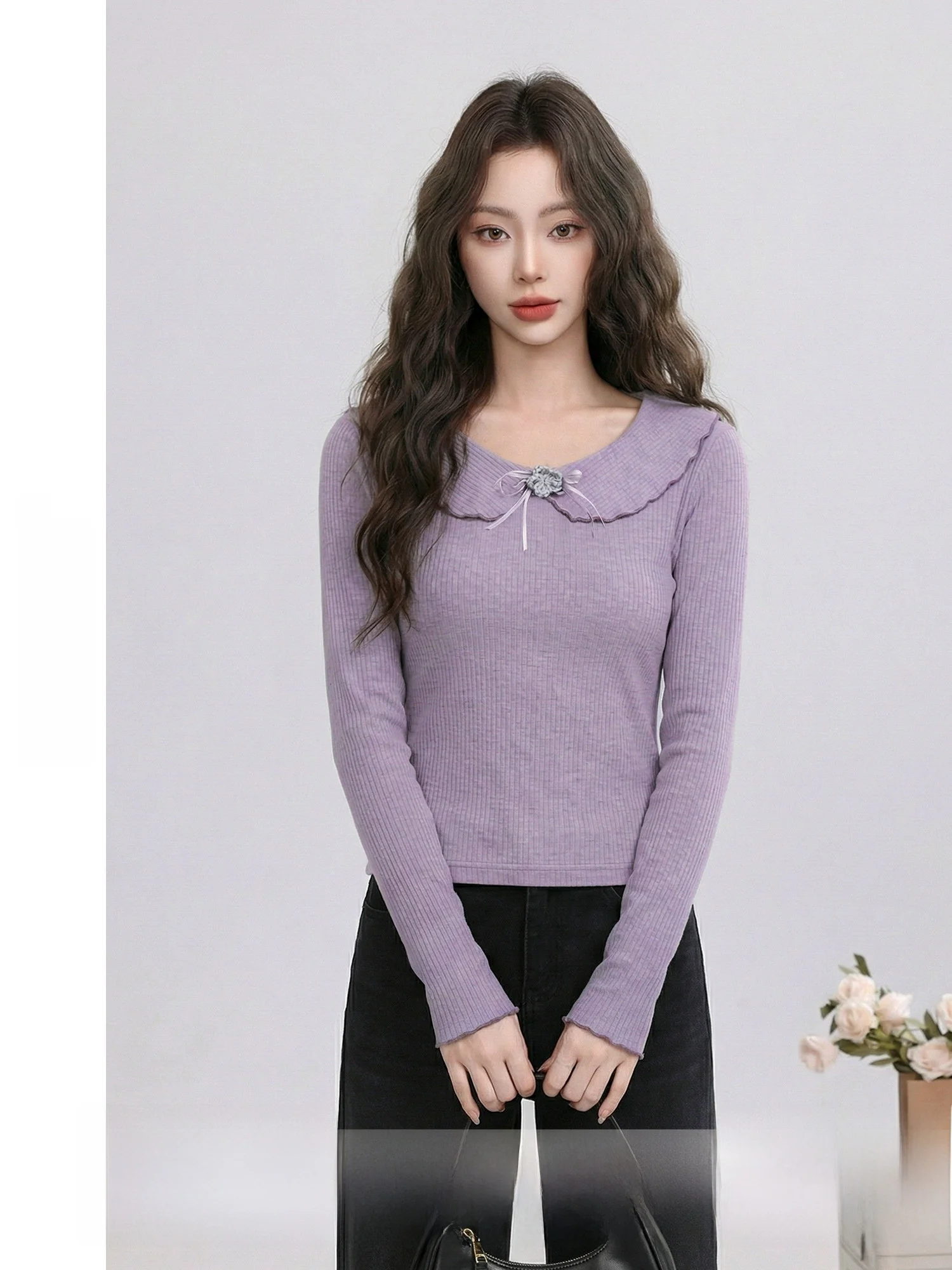 

Ретро-футболка с воротником-стойкой для женщин, новая весенняя коллекция, вязаная, дышащая, комфортная, из смесового хлопка и полиэстера, с длинным рукавом.