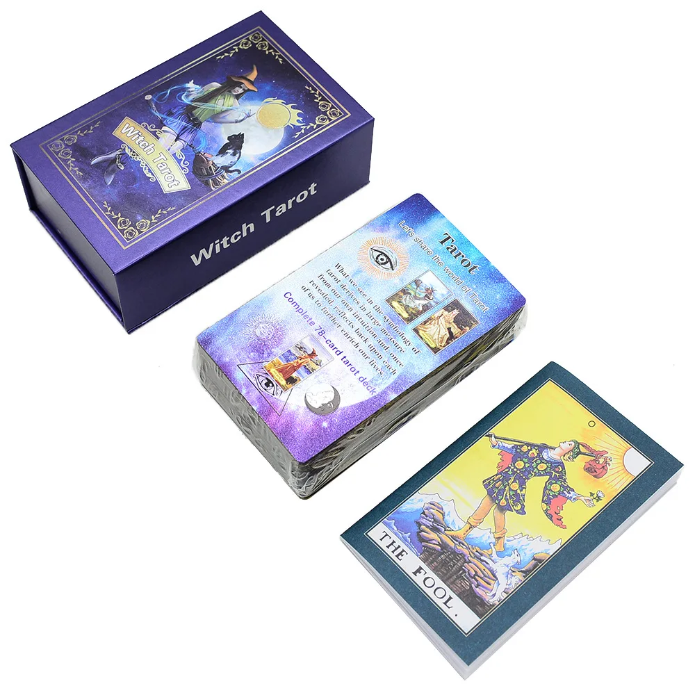 Gold Foil Witch Tarot Cards with Guide Book English Waterproof Card Game Poker Divination Emotional Interactive Board Game