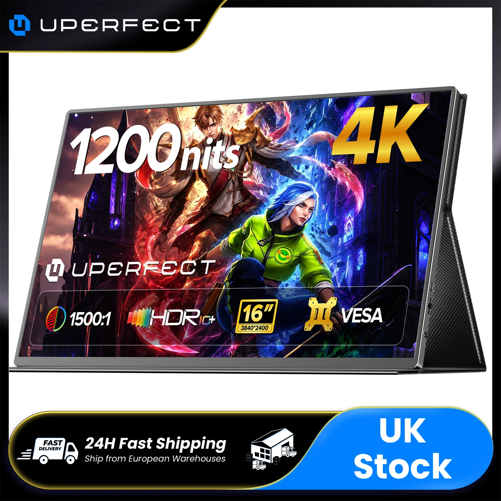 UPERFECT 4K Portable Monitor 1200Nits Ultra Bright 16'' UHD 3840x2160 1500:1 USB-C MINI HDMI External Computer Gaming Display With Speakers VESA Smart Case