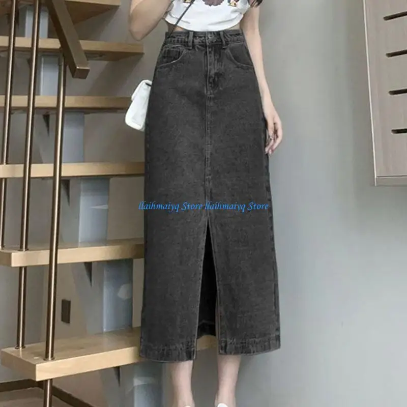573B Women Summer High Waist Flared A Line Jeans Skirt Split Front Denims Long Skirts