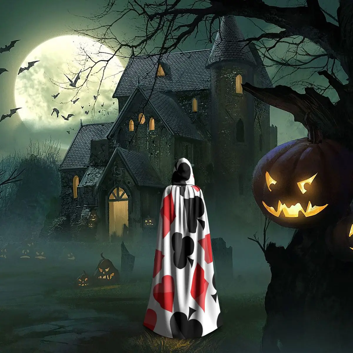 ชุดแม่มดแบบยุคกลาง เสื้อคลุมยาวมีฮู้ด ลายไพ่ เหมาะสำหรับคอสเพลย์ ฮาโลวีน สำหรับผู้ใหญ่ แบบ unisex