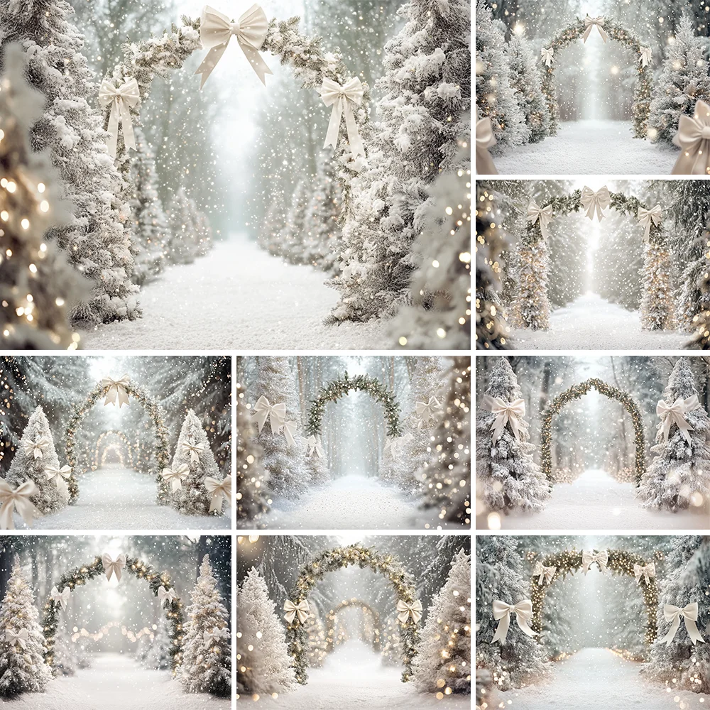 

Photography Background Winter Christmas Snowy Forest Tree Bows Glitter Kids Family Portrait Decor Backdrop Photo Studio