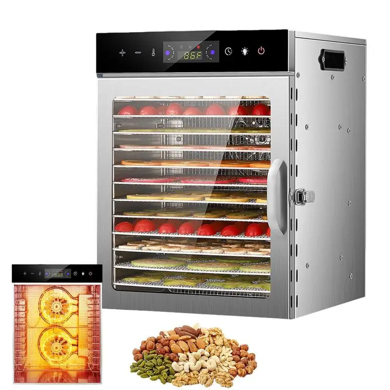 Food Dehydrator Stainless Steel Large Capacity 12-Tray Jerky Dryer Energy Saving Temperature Control Electric Food Preserver