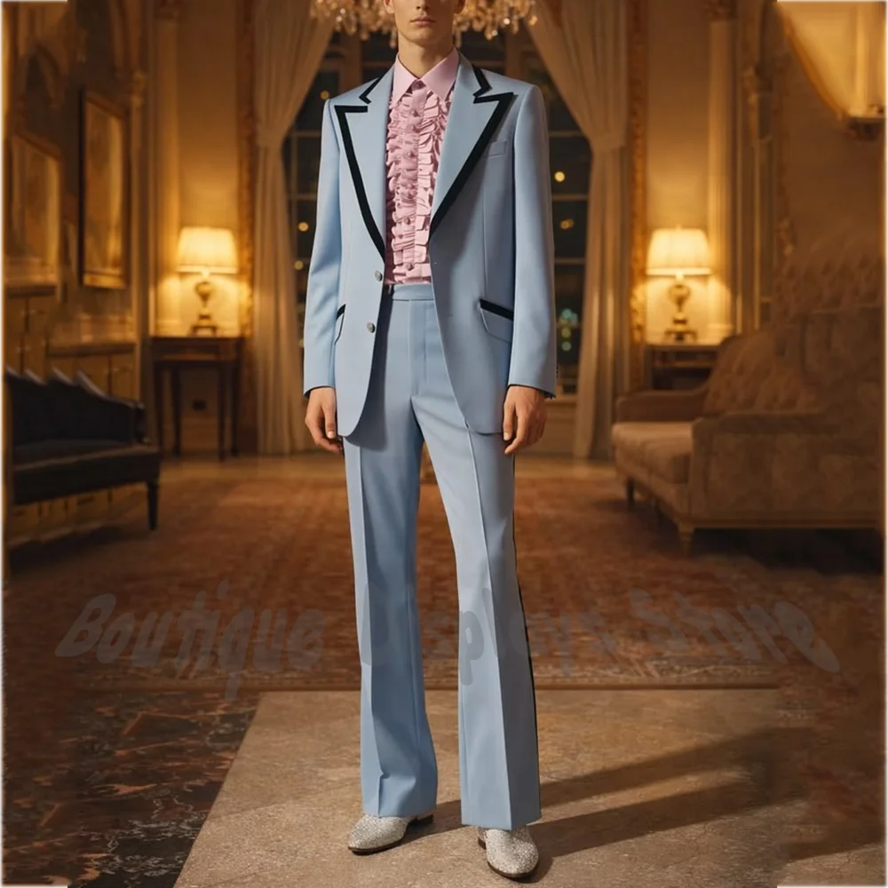 

Light Blue Men's Suit Black Trim Peak Lapel Blazer Pants 2 Piece Groom Wedding Tuxedo Party Outfit Luxury Fashion Male Clothing